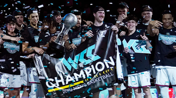 Gonzaga players celebrate after defeating Saint Mary’s in an NCAA college basketball championship game at the West Coast Conference tournament Tuesday, March 8, 2022, in Las Vegas.